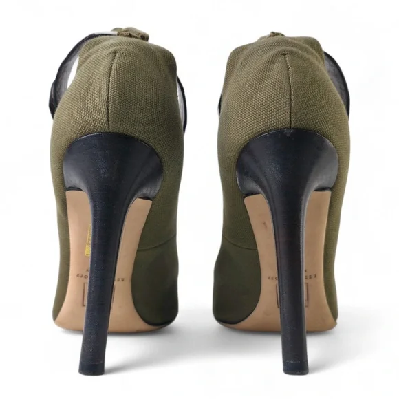 Reed Krakoff Olive Green Canvas Pointed-Toe Pumps with Embossed Leather Ankle... - Picture 4 of 5